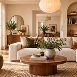 Modern living room ideas 2026 with warm neutral furniture, layered textures, natural wood, and contemporary decor