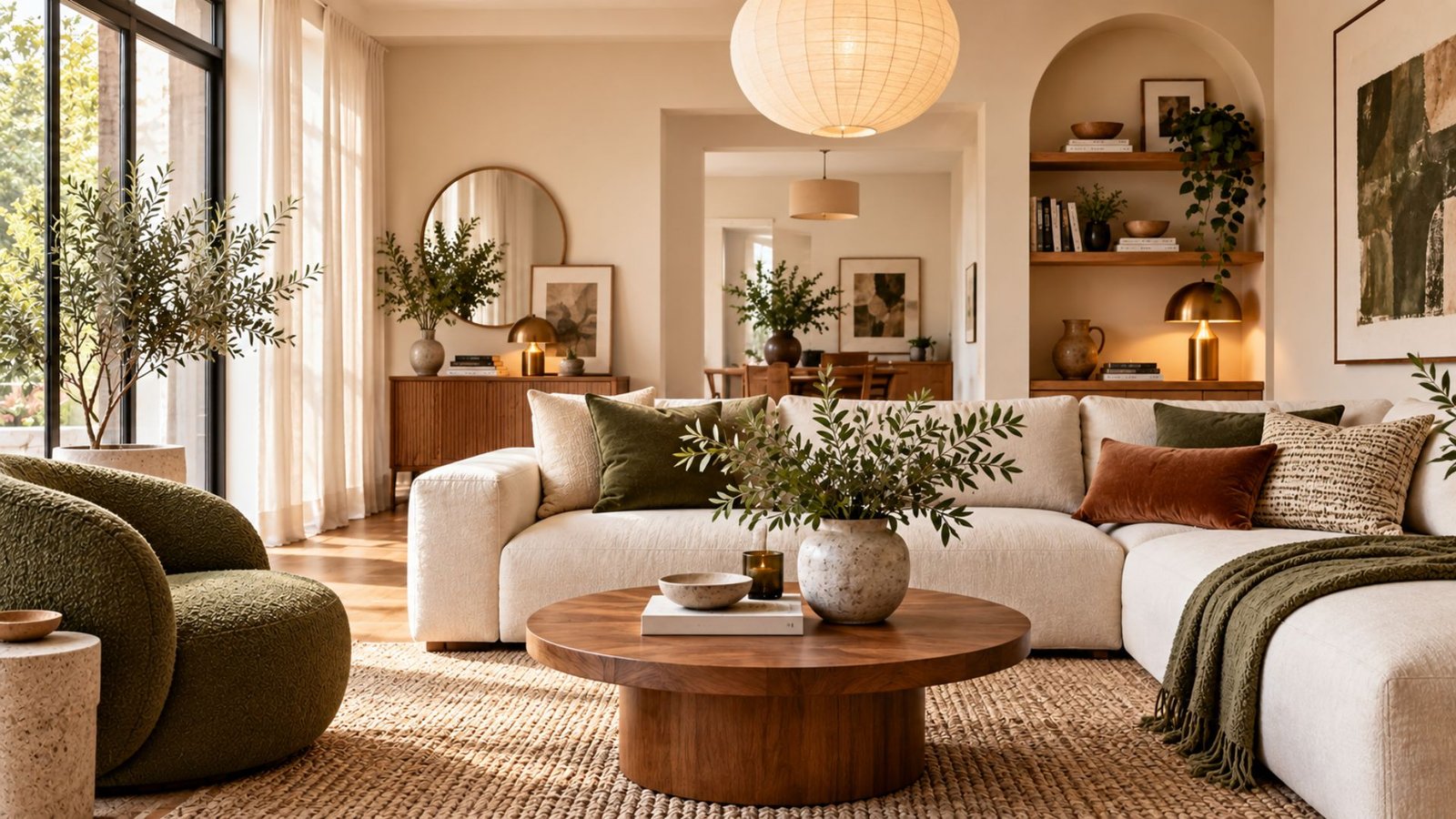 Modern living room ideas 2026 with warm neutral furniture, layered textures, natural wood, and contemporary decor
