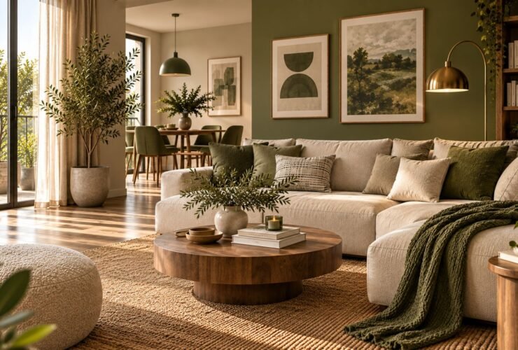 Olive green apartment ideas living room with earthy green accents, neutral furniture, natural wood finishes, and warm modern décor.