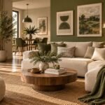 Olive green apartment ideas with a cream sofa, warm wood furniture, and natural textures