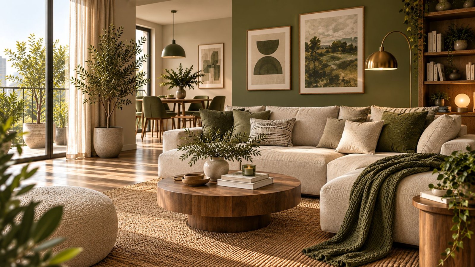 Olive green apartment ideas with a cream sofa, warm wood furniture, and natural textures