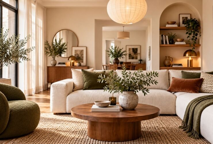 Modern living room ideas 2026 with warm neutral furniture, layered textures, natural wood, and contemporary decor