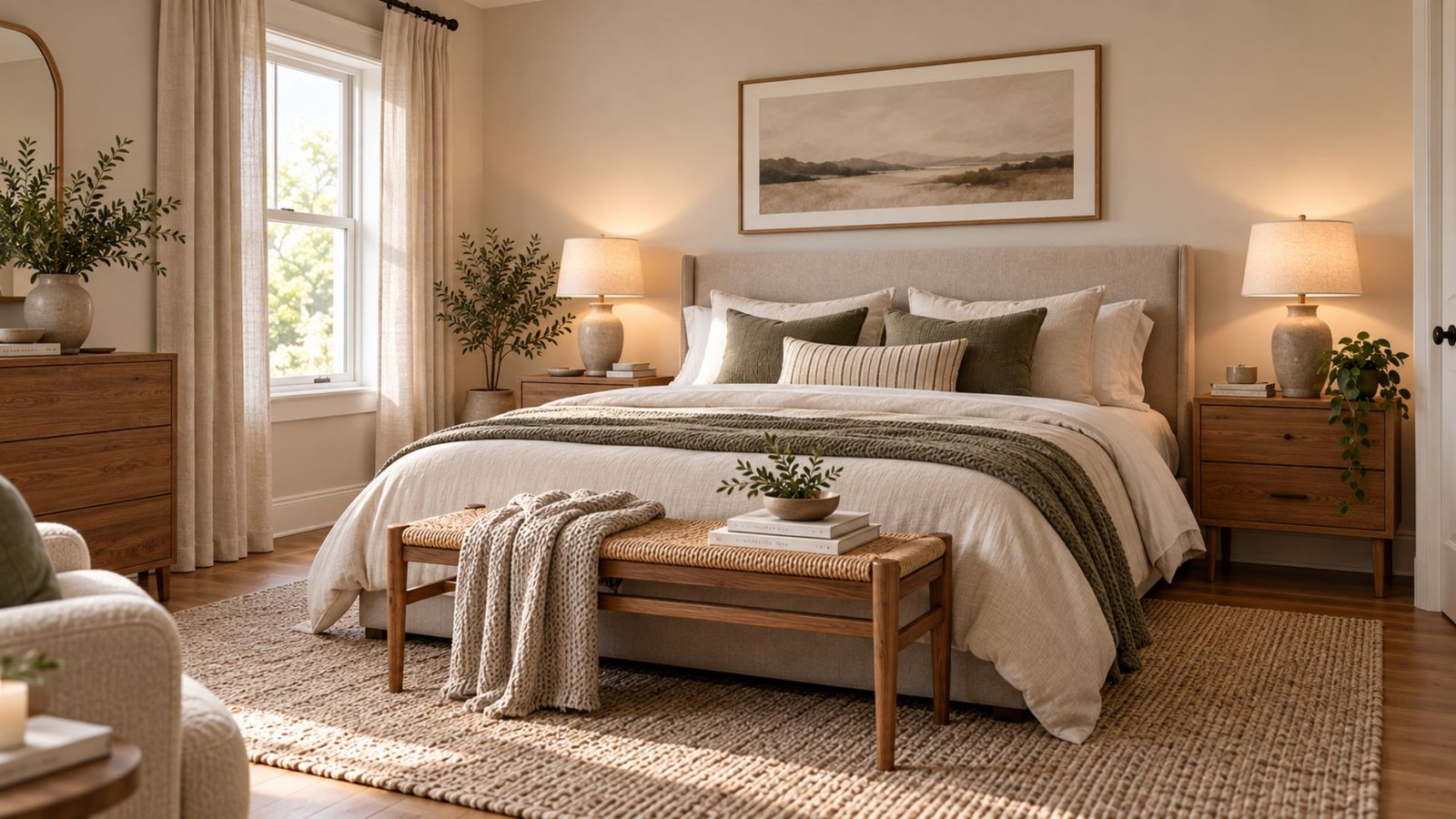 Bedroom ideas featuring a warm neutral room with an upholstered headboard, matching nightstands, and a large area rug