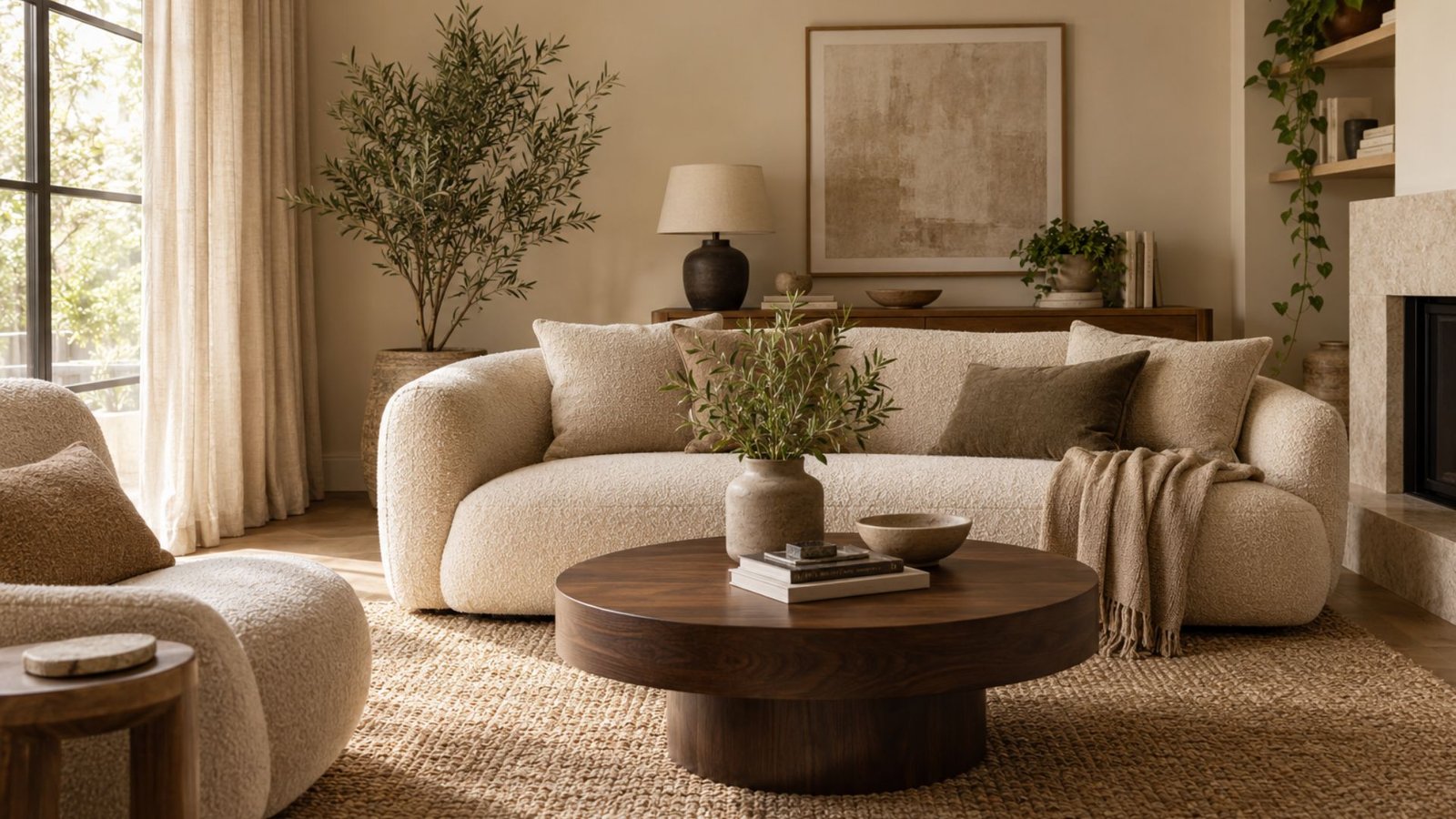 Warm beige living room ideas with layered neutral textures, natural wood furniture, and soft ambient lighting