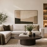 Modern living room ideas with a low-profile sofa, warm oak coffee table, black metal floor lamp, and visible negative space