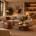 Cozy living room ideas with a cream sectional, warm wood furniture, layered lighting, soft textiles, and a fireplace