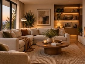 Cozy living room ideas with a cream sectional, warm wood furniture, layered lighting, soft textiles, and a fireplace