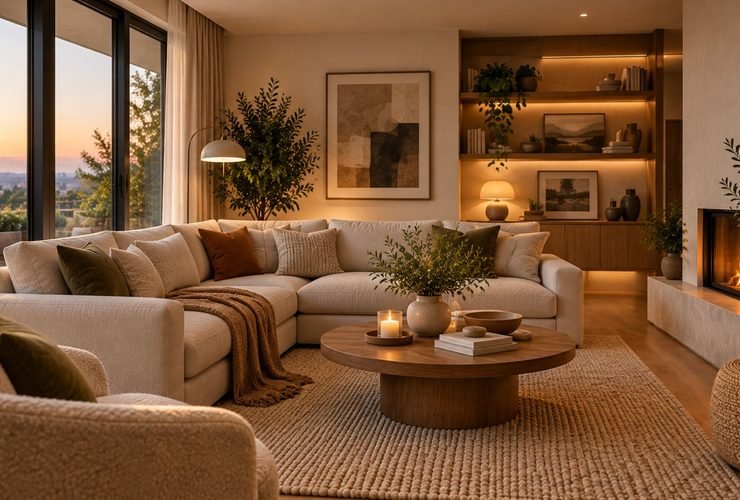 Cozy living room ideas with a cream sectional, warm wood furniture, layered lighting, soft textiles, and a fireplace