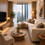 Luxury minimalist apartment ideas shown in a warm neutral living room with wood furniture, layered lighting, and restrained decor