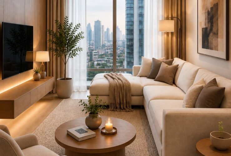 Luxury minimalist apartment ideas shown in a warm neutral living room with wood furniture, layered lighting, and restrained decor