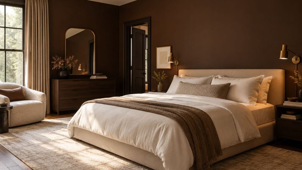 Dramatic chocolate brown bedroom with deep cocoa painted walls, ivory bedding, pale ceiling, and contemporary bronze reading lights.