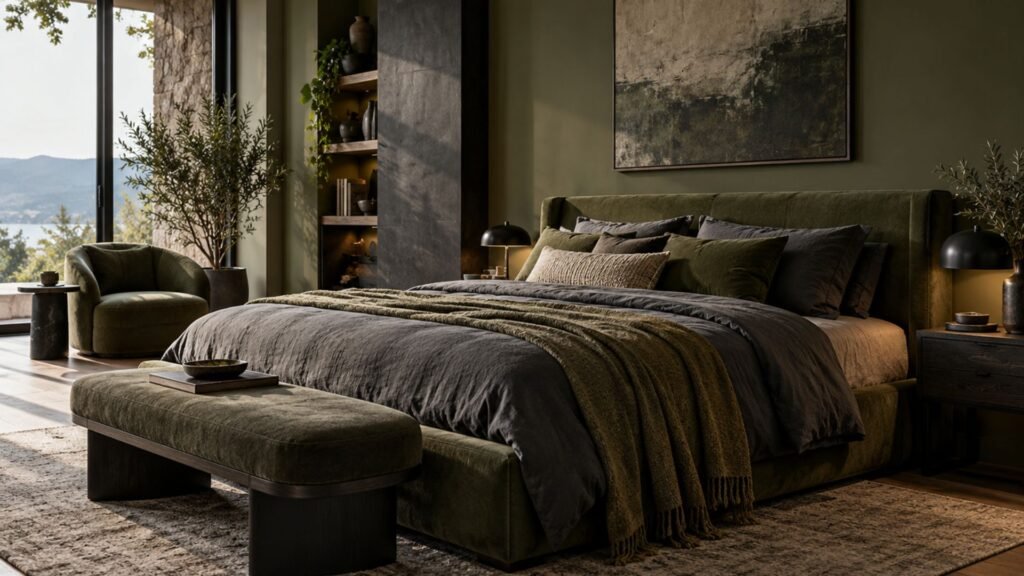 Graphic modern bedroom featuring olive green architectural wall panels, charcoal upholstered platform bed, black linear lighting, and crisp ivory bedding.