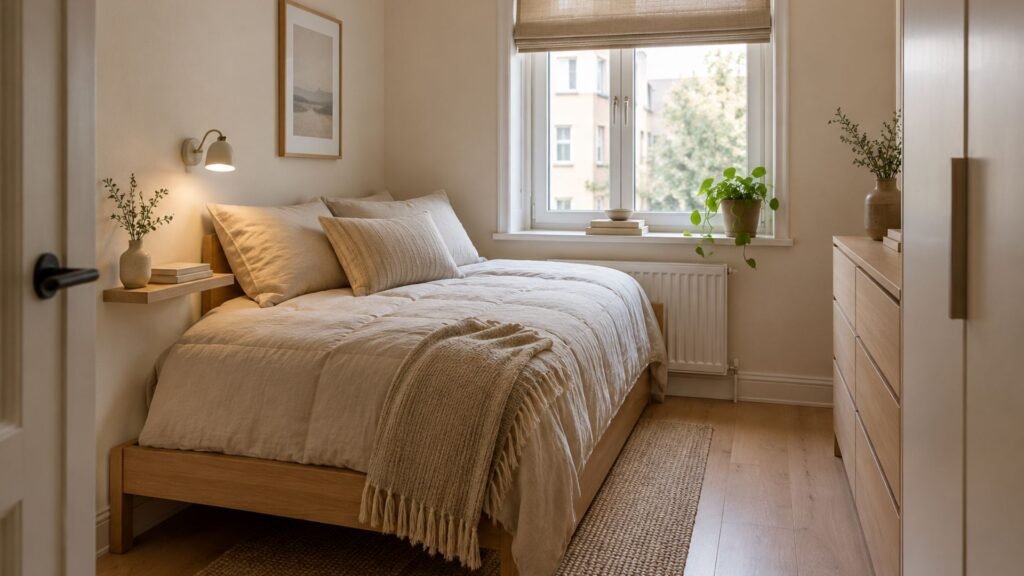 Compact apartment bedroom with beige linen bedding, narrow wooden bed, wall-mounted shelf and space-saving furnishings.