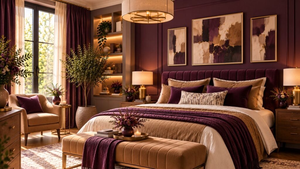 Modern bedroom with aubergine walls, camel leather headboard, warm wood furniture and cream bedding.
