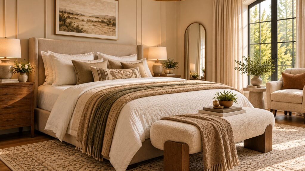 Stylish beige bedroom ideas with warm sandy walls, tailored upholstery, rich wood furniture and beautifully coordinated neutral textures.