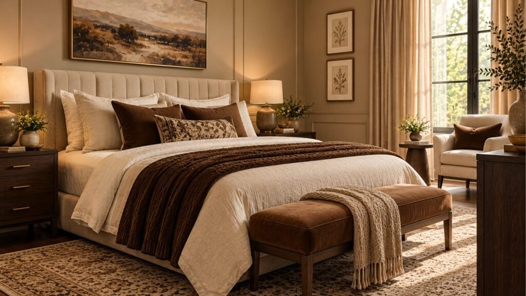 Beige and chocolate brown bedroom with camel upholstered bed, dark walnut wall paneling and rich brown furniture