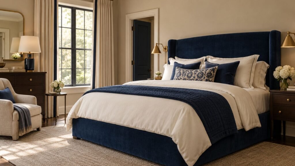 Tailored beige bedroom with navy upholstered headboard, dark wooden chest, brass lighting and classic ivory curtains.