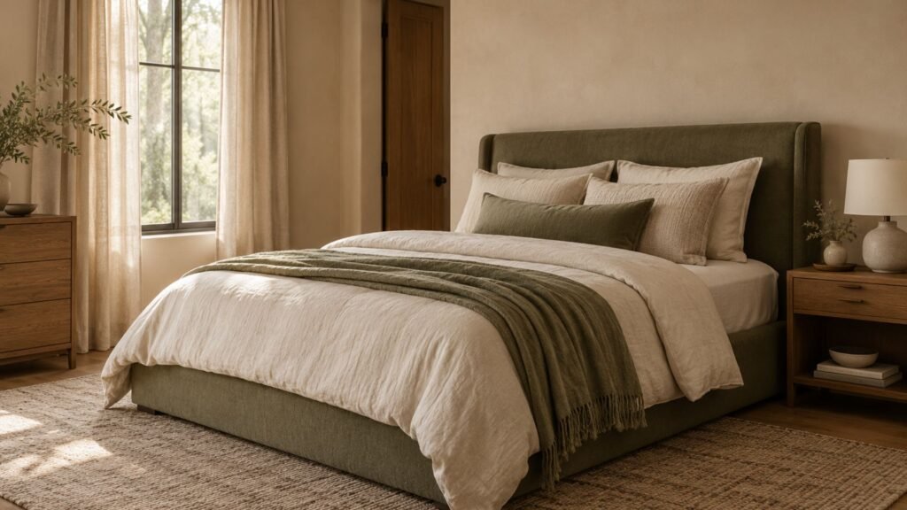 Natural beige bedroom with muted olive upholstered bed, sandy walls, linen curtains and warm wood furniture.