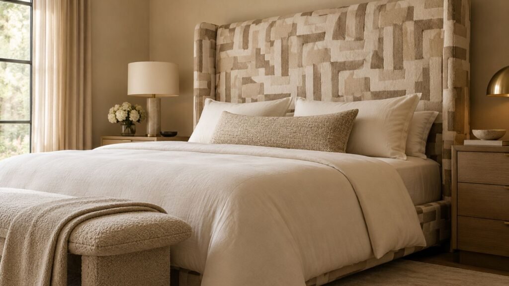 Beige bedroom with a bold geometric upholstered headboard, simple cream bedding and understated contemporary furnishings.