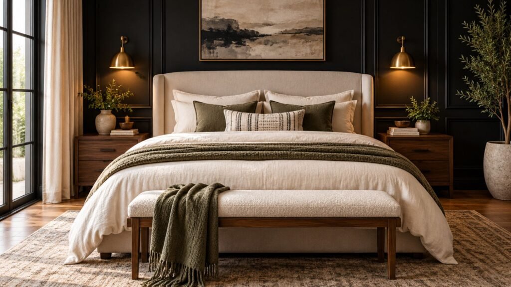 Elegant black bedroom ideas with charcoal paneled walls, cream upholstered bed, walnut nightstands, layered neutral bedding, and warm ambient lighting.