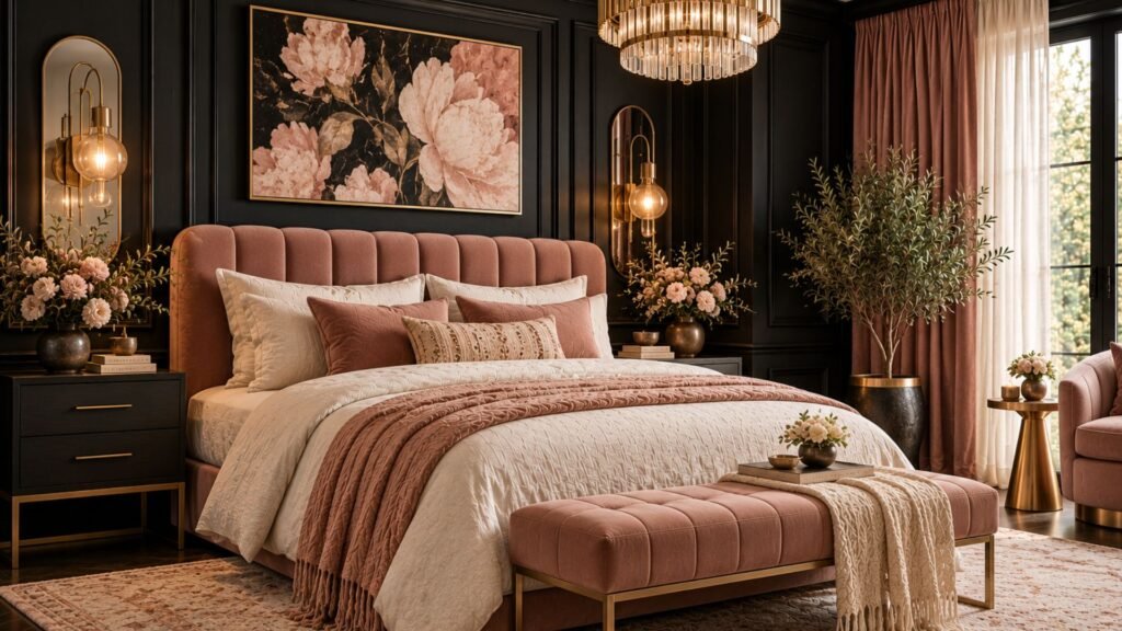 Elegant black and blush pink bedroom with dark paneled walls, dusty pink upholstered bed, cream textiles, and antique brass lighting.