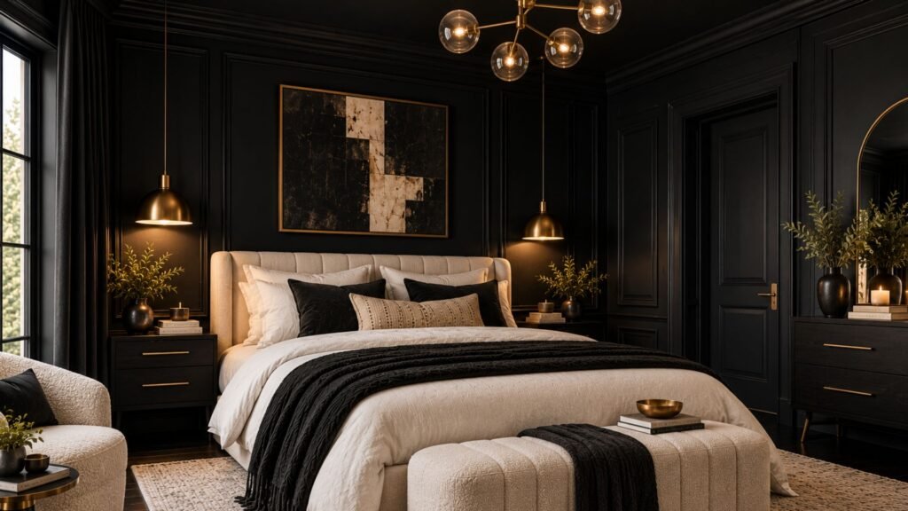 Color-drenched black bedroom with matching black walls, ceiling, doors, and trim, contrasted by a cream upholstered bed and warm brass lighting.