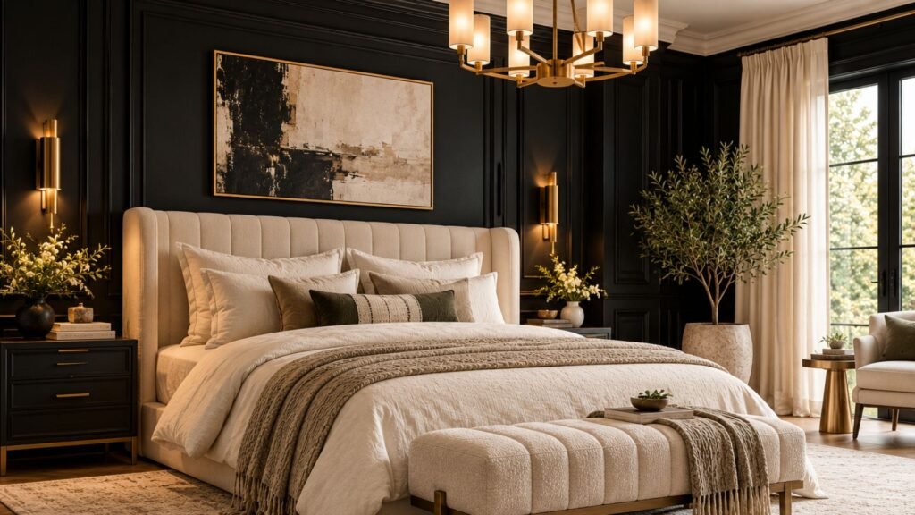 Luxurious black and cream bedroom with paneled black walls, oversized cream upholstered bed, elegant lighting, and layered ivory textiles.