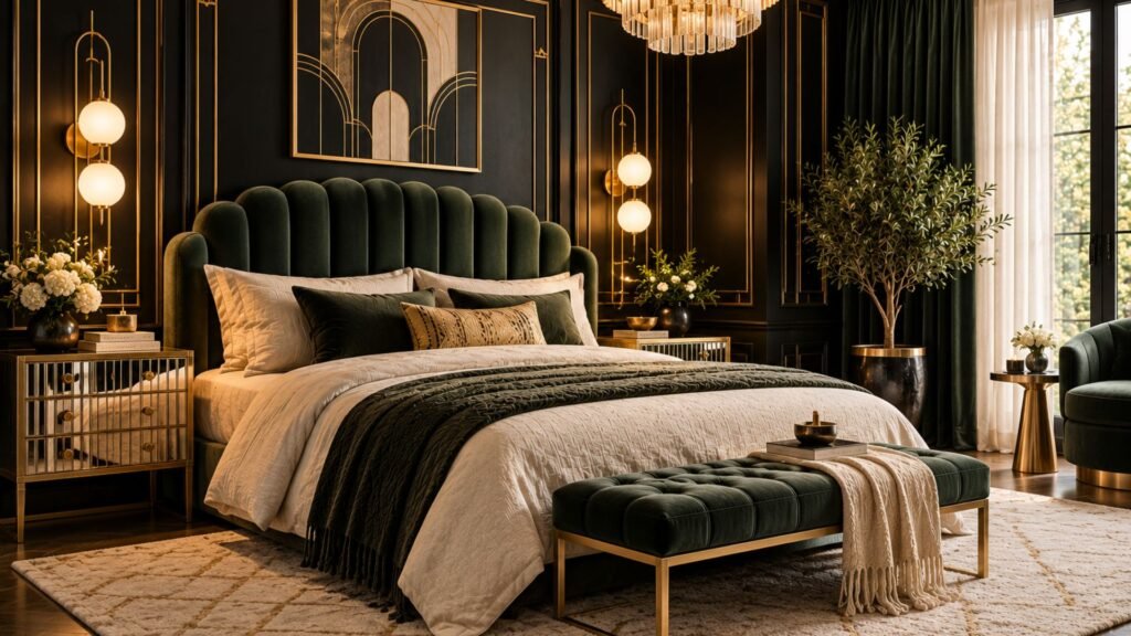 Black and gold Art Deco bedroom with geometric wall detailing, scalloped velvet headboard, brass lighting, and elegant mirrored furniture.