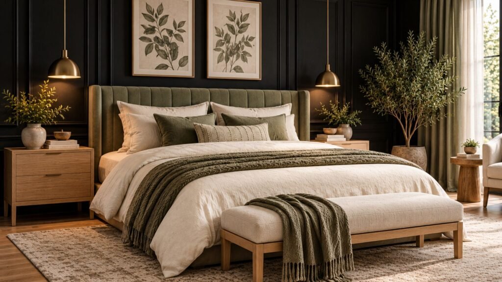 Black and sage green bedroom with dark paneled walls, muted sage upholstered headboard, pale oak furniture, and botanical artwork.
