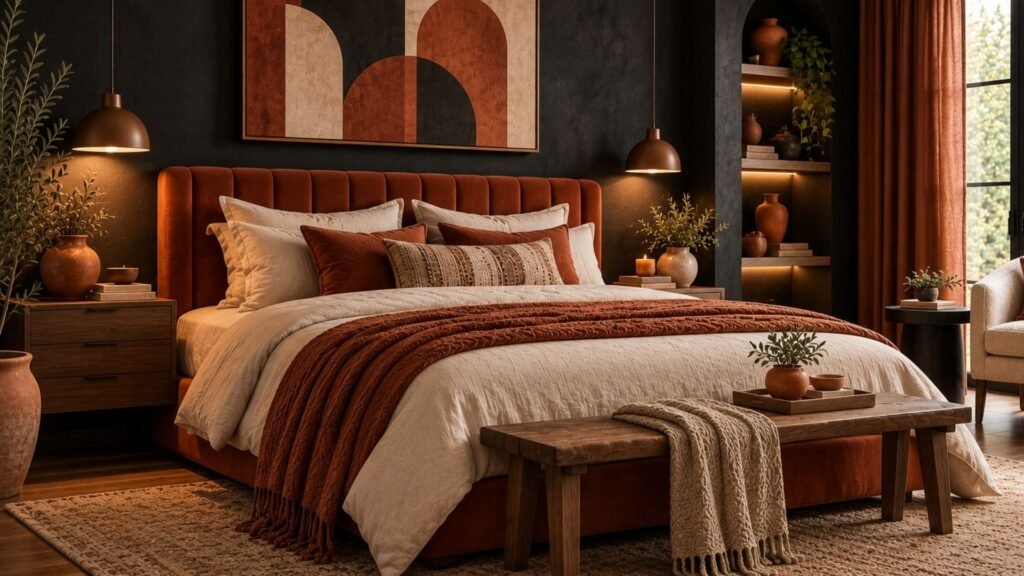 Black and terracotta bedroom with charcoal plaster walls, rust-colored upholstered bed, walnut furniture, and earthy ceramic accessories.