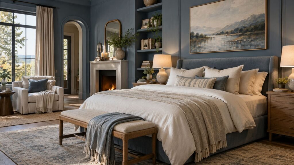 Beautiful contemporary blue bedroom ideas with elegant muted blue walls, upholstered bed, layered cream bedding, natural wood furniture, and warm accent lighting.