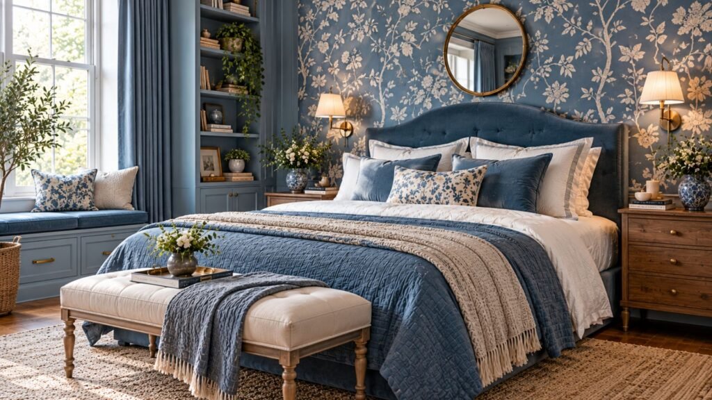 Romantic vintage bedroom with blue botanical wallpaper, antique cream-painted bed, dark wooden dresser, floral upholstery, and elegant vintage lighting.