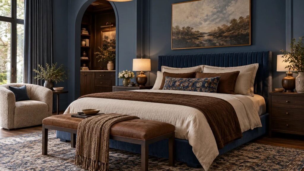 Sophisticated bedroom with smoky blue walls, chocolate brown velvet upholstered headboard, dark walnut furniture, warm brass sconces, and layered ivory bedding.