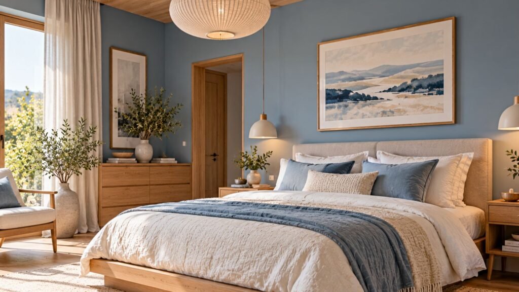 Scandinavian bedroom featuring muted blue walls, low natural oak platform bed, pale timber ceiling, minimalist bedside shelves, and textured ivory bedding.