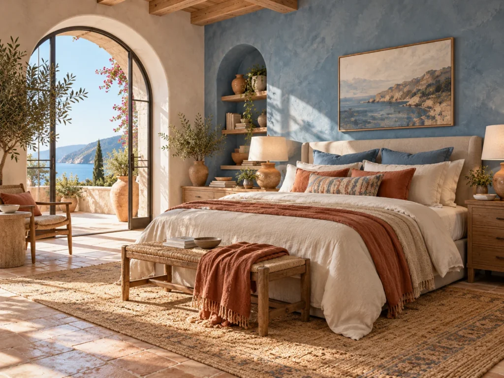 Mediterranean bedroom with muted blue plaster walls, terracotta tile flooring, an arched headboard niche, rustic timber furniture, and natural linen bedding.