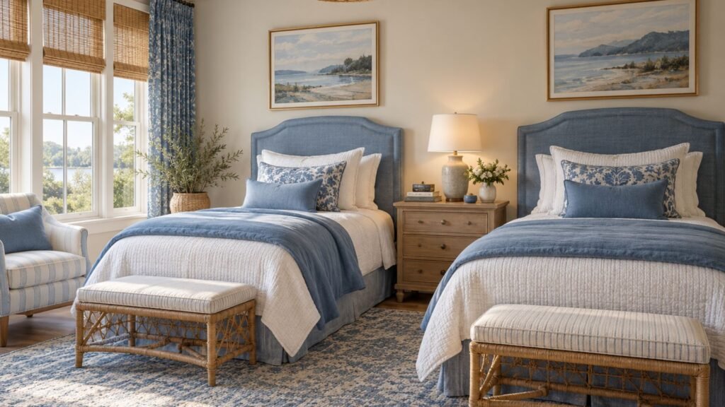 Elegant twin guest bedroom with two upholstered dusty blue beds, warm ivory walls, shared wooden nightstand, matching brass reading lights, and striped blue-and-cream bedding.