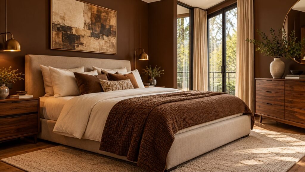 Modern brown bedroom ideas with rich chocolate walls, an upholstered bed, layered ivory bedding, walnut furniture and warm brass lighting.