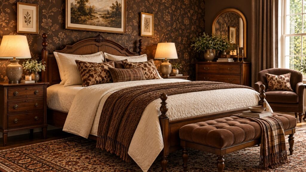 English country bedroom with chocolate brown patterned wallpaper, vintage wooden bed, cream quilt, and antique bedside furniture.