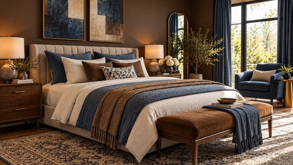 Tailored bedroom with chocolate brown walls, slate blue upholstered bed, pale curtains, and dark antique furniture.