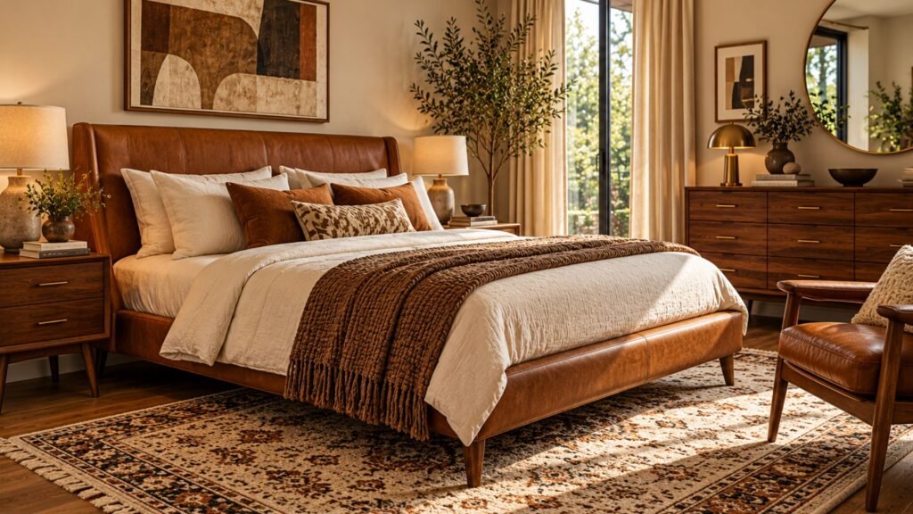 Mid-century brown bedroom featuring a caramel leather headboard, teak furniture, tapered legs, and vintage geometric textiles.