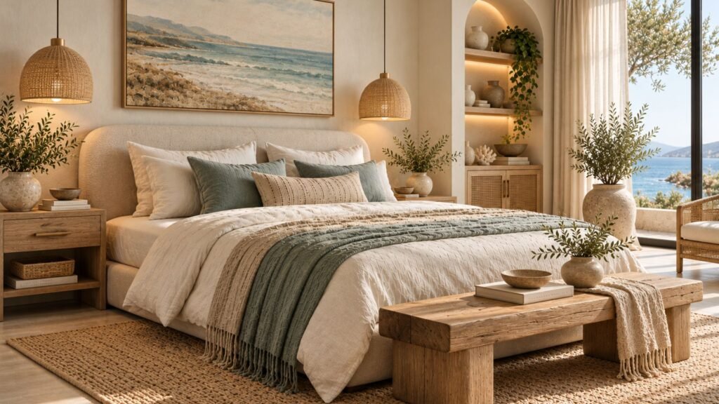 Coastal organic modern bedroom with sandy beige walls, pale oak bed, white linen bedding, woven pendant lighting, and soft blue-green accents.