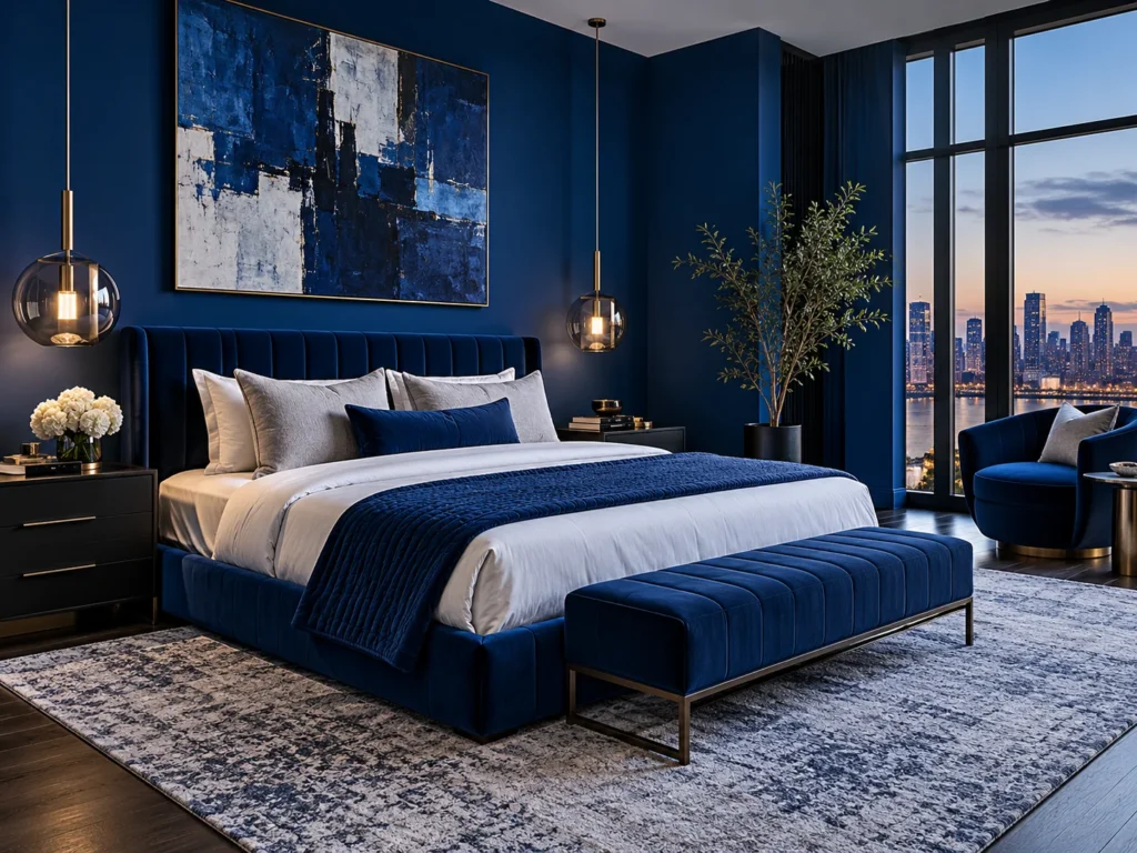 Bold contemporary bedroom with an electric cobalt blue architectural feature wall, sculptural white platform bed, chrome lighting, and minimalist black furniture.