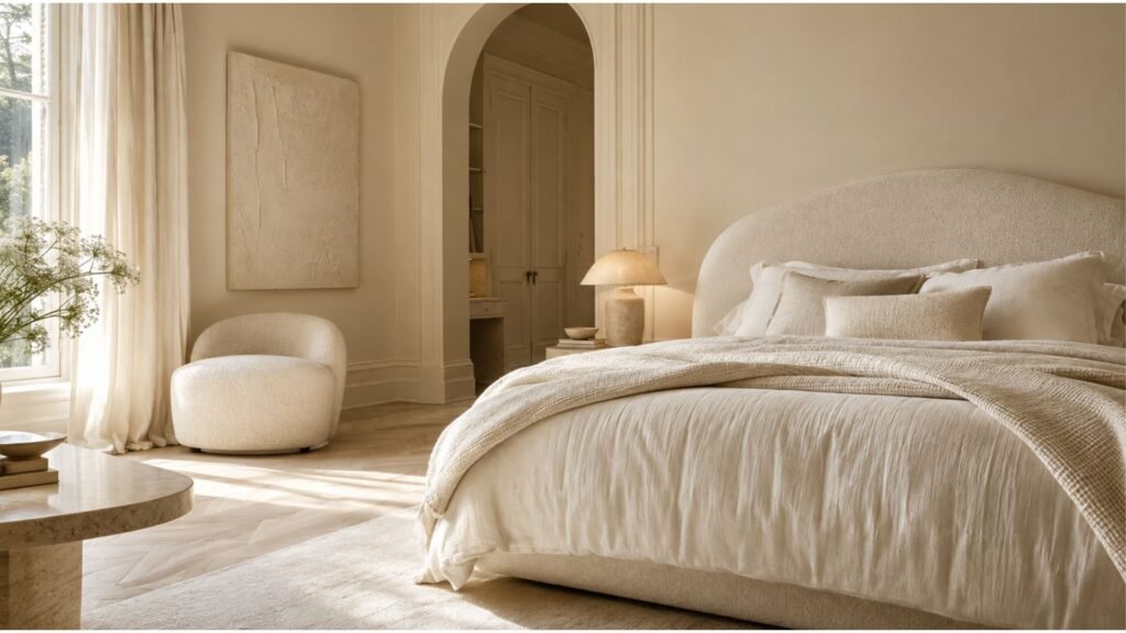 Elegant cream bedroom with soft ivory walls, sculptural furniture, natural linen bedding, and warm architectural detailing.