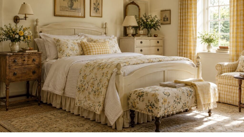 Charming cottage bedroom with cream walls, butter-yellow gingham curtains, a painted wooden bed, and vintage floral furnishings.