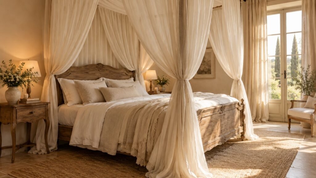 Romantic cream bedroom with a light cotton canopy, gently draped curtains, vintage wooden bed, and softly textured ivory furnishings.