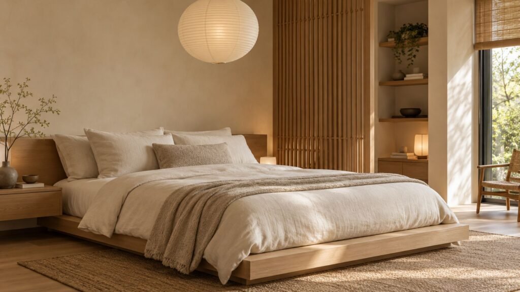Japandi-inspired cream bedroom with a low pale oak platform bed, timber slat screen, paper pendant, and simple ivory bedding.