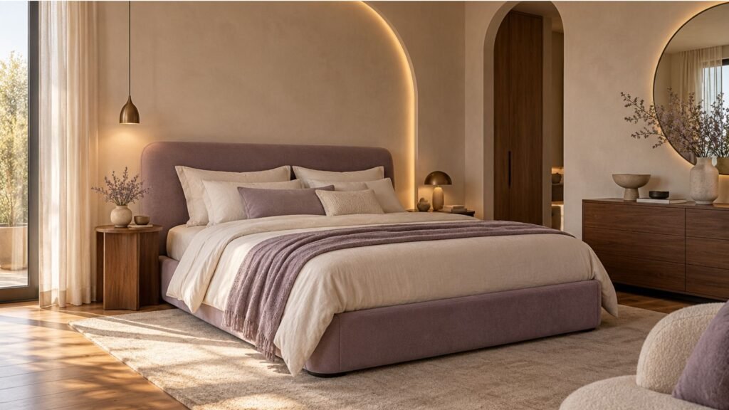Contemporary cream bedroom with a muted lavender upholstered bed, minimalist walnut furniture, and softly curved architectural lighting.