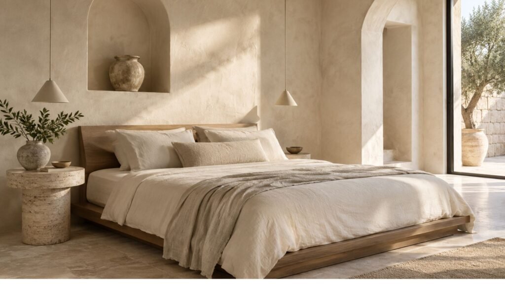Architectural cream bedroom with textured plaster walls, a carved travertine bedside table, low wooden bed, and soft Mediterranean daylight.