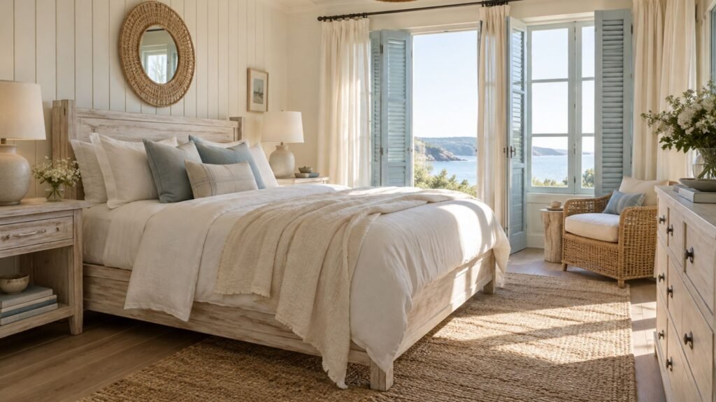 Coastal cream bedroom with pale blue shutters, whitewashed wooden bed, soft linen bedding, and an airy seaside cottage interior.