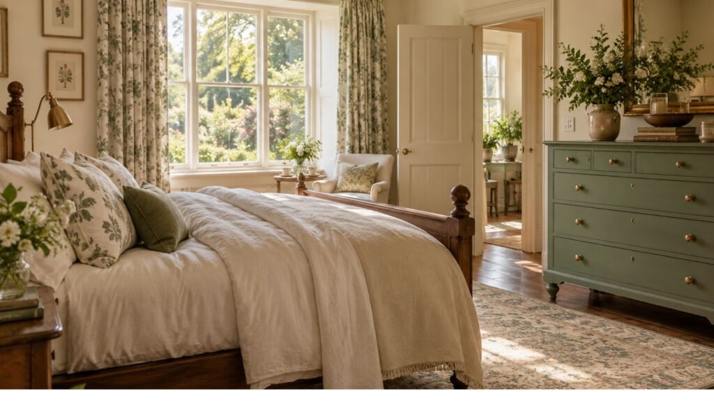 Garden-inspired cream bedroom with sage green painted furniture, floral curtains, a vintage wooden bed, and leafy botanical details.